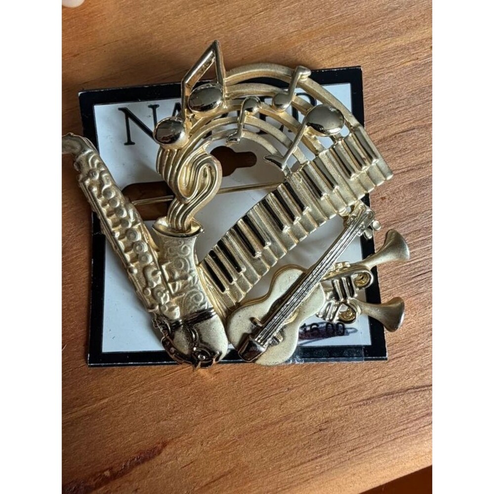 Napier Vintage Music Jazz Band Brooch Gold Tone, Saxophone, Piano, Guitar